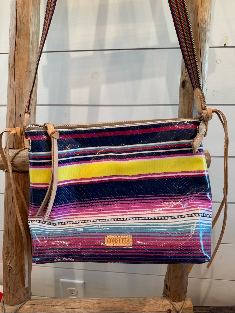Consuela Bright Striped Crossbody Bag in Yellow, Pink, Navy, Teal